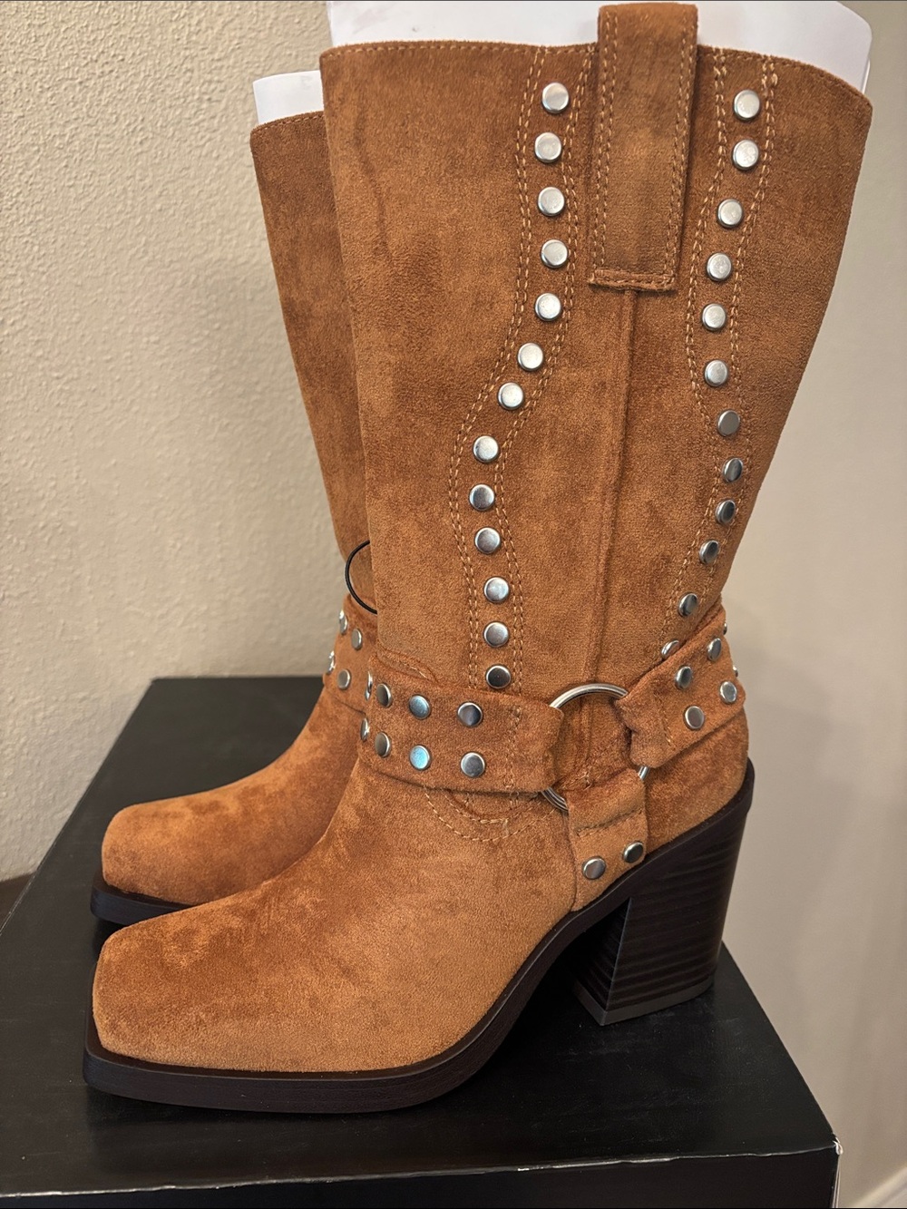 Madden NYC Women’s Suede Studded Tan Mid-Calf Heeled Boots